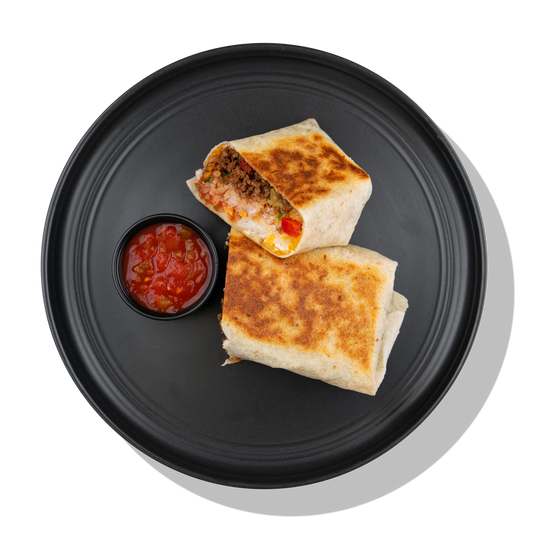 Beef Burrito Wrap: Seasoned ground beef, shredded cheddar cheese, fresh pico de gallo and creamy sour cream wrapped up in a flour tortilla, served with a side of salsa.