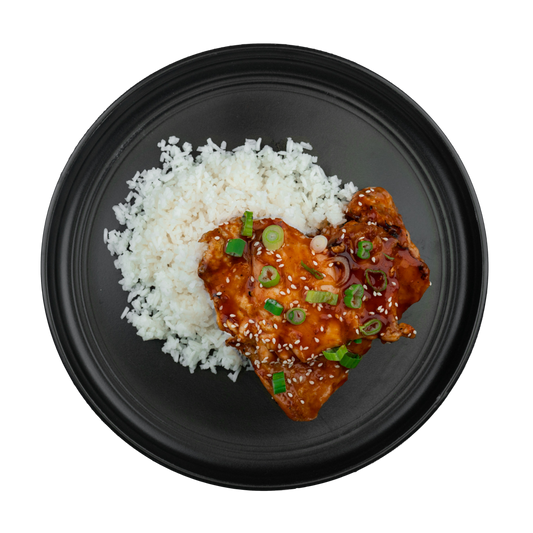 Teriyaki Chicken Thigh: Chicken thighs glazed with our sweet & spicy teriyaki sauce served with a side of steamed white rice.