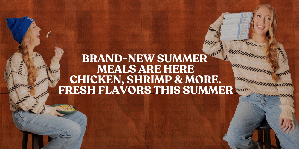  A split-screen image shows a person on the left eating a meal and a person on the right smiling while holding a stack of takeout boxes. The text "BRAND-NEW SUMMER MEALS ARE HERE" is in the center.