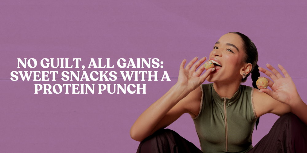 A person eating sweet snacks with protein, sitting on the floor, on a purple background.