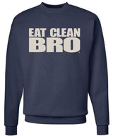 Navy blue sweatshirt with 'EAT CLEAN BRO' text on a white background
