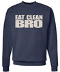 Navy blue sweatshirt with 'EAT CLEAN BRO' text on a white background