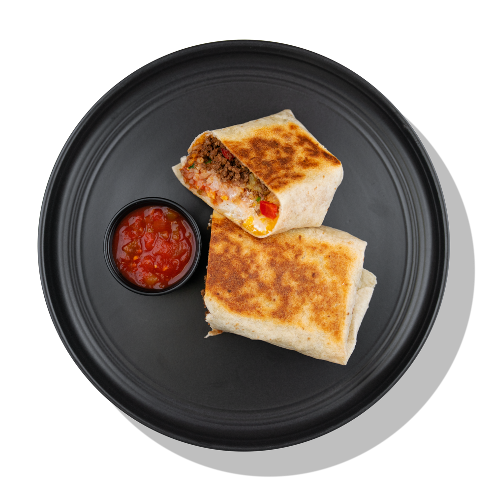 Beef Burrito Wrap: Seasoned ground beef, shredded cheddar cheese, fresh pico de gallo and creamy sour cream wrapped up in a flour tortilla, served with a side of salsa.