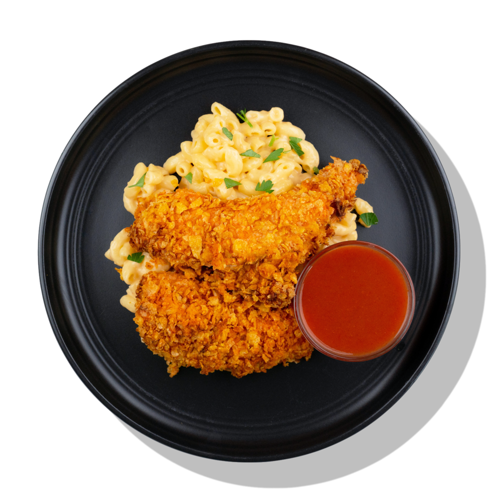 Buffalo Chicken Tenders: Cornflake breaded chicken tenderloins, dressed in buffalo sauce with smoked gouda mac & cheese and a side of spicy honey.