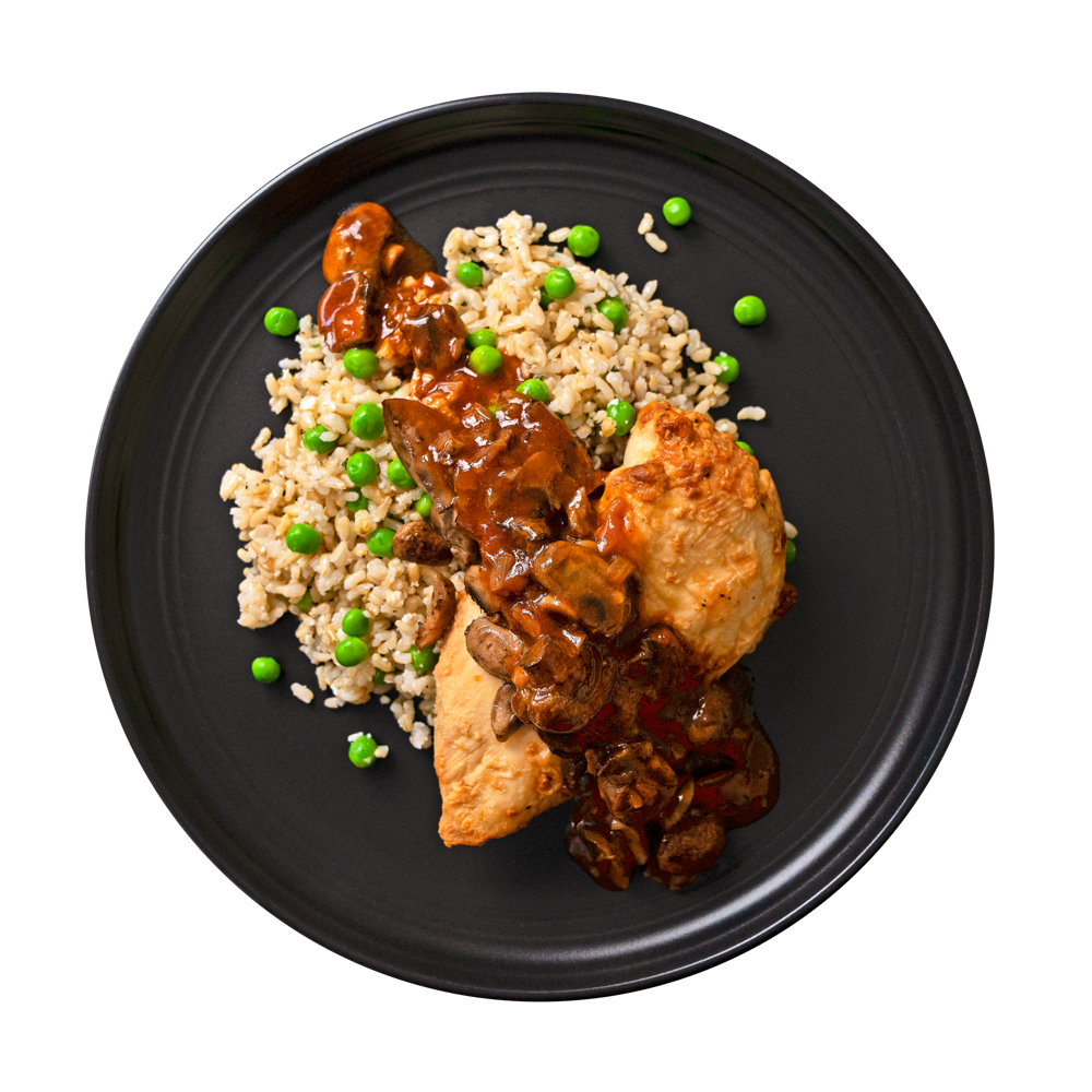 Chicken Marsala: Baked chicken breast topped with a robust marsala mushroom sauce served over brown rice & green pea risotto.