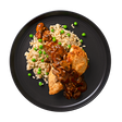 Chicken Marsala: Baked chicken breast topped with a robust marsala mushroom sauce served over brown rice & green pea risotto.
