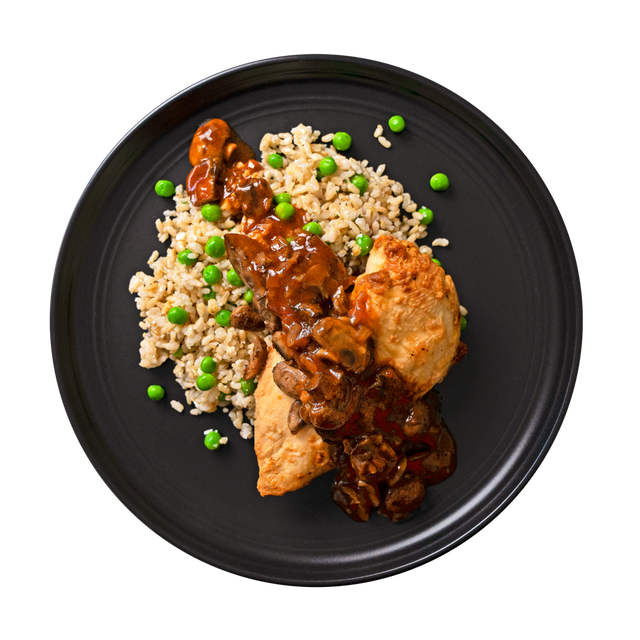 Chicken Marsala: Baked chicken breast topped with a robust marsala mushroom sauce served over brown rice & green pea risotto.