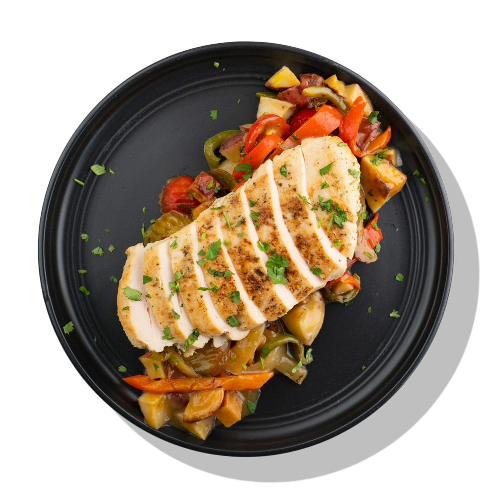 Chicken Murphy: A seasoned baked chicken breast served with sauteed bell peppers, onions, hot cherry peppers and red bliss potatoes in a rich brown sauce.
