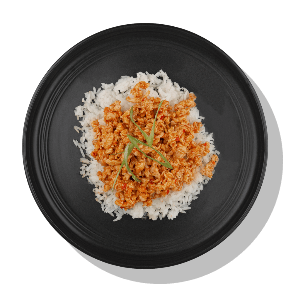Firecracker Chicken & Rice: Sweet & spicy seasoned ground chicken served with a side of steamed rice.