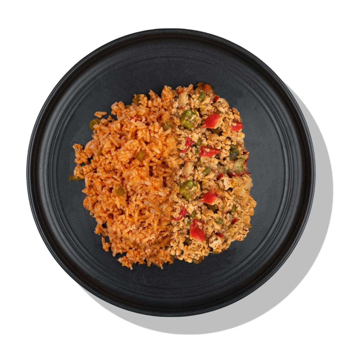 The Flexican 2.0: Seasoned ground chicken topped with homemade roasted tomato salsa served with a side of Mexican red rice.