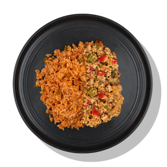 The Flexican 2.0: Seasoned ground chicken topped with homemade roasted tomato salsa served with a side of Mexican red rice.