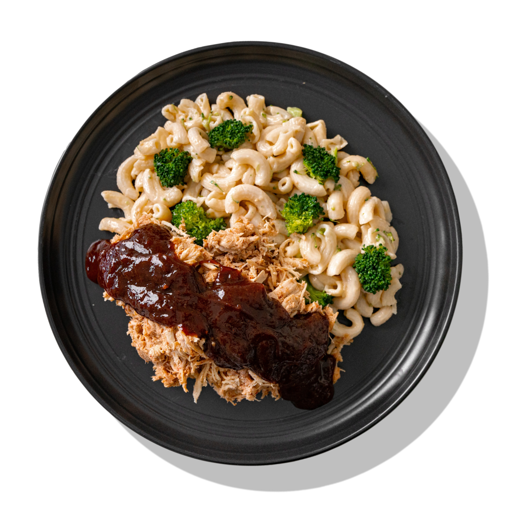 BRO-BQ Crack: Pulled chicken smothered in our famous BRO-BQ sauce served with reduced-fat broccoli mac & cheese.