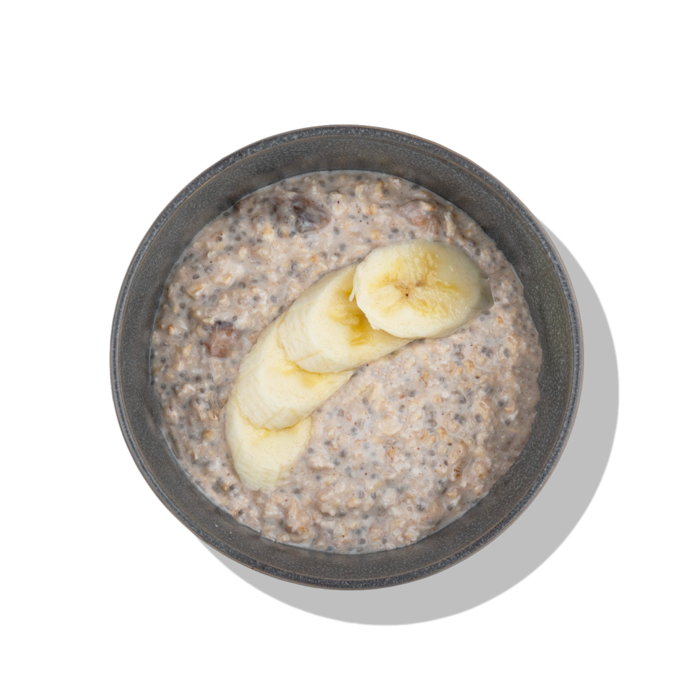 Banana Foster Overnight Oats: Whole grain rolled oats and chia seeds soaked in almond milk, mixed with nonfat Greek yogurt and caramelized bananas.
