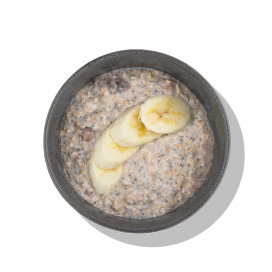 Banana Foster Overnight Oats: Whole grain rolled oats and chia seeds soaked in almond milk, mixed with nonfat Greek yogurt and caramelized bananas.