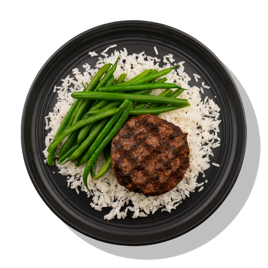 Post Workout w/ Green Beans: An all-natural grass-fed beef burger served with white rice and steamed green beans.