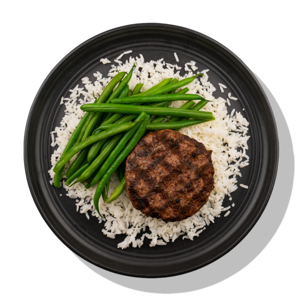 Post Workout w/ Green Beans: An all-natural grass-fed beef burger served with white rice and steamed green beans.