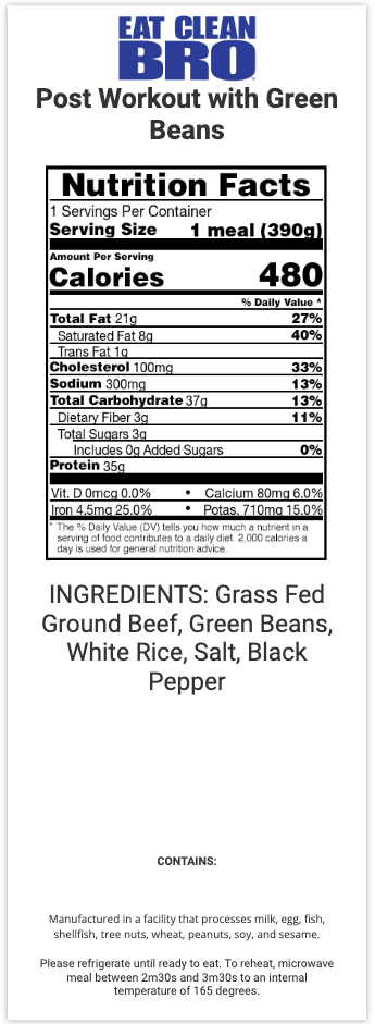 Post Workout w/ Green Beans: Nutrition Facts