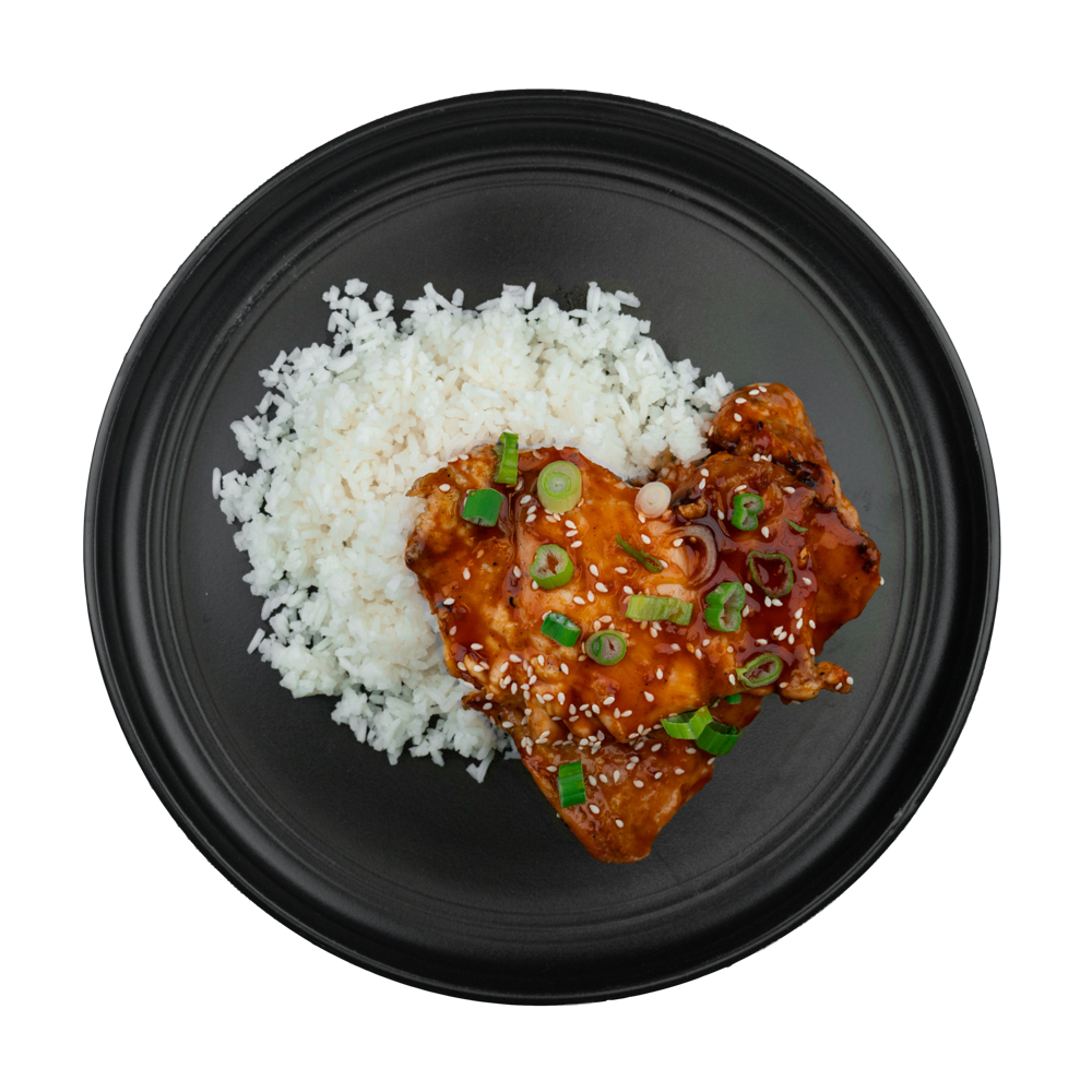 Teriyaki Chicken Thigh: Chicken thighs glazed with our sweet & spicy teriyaki sauce served with a side of steamed white rice.